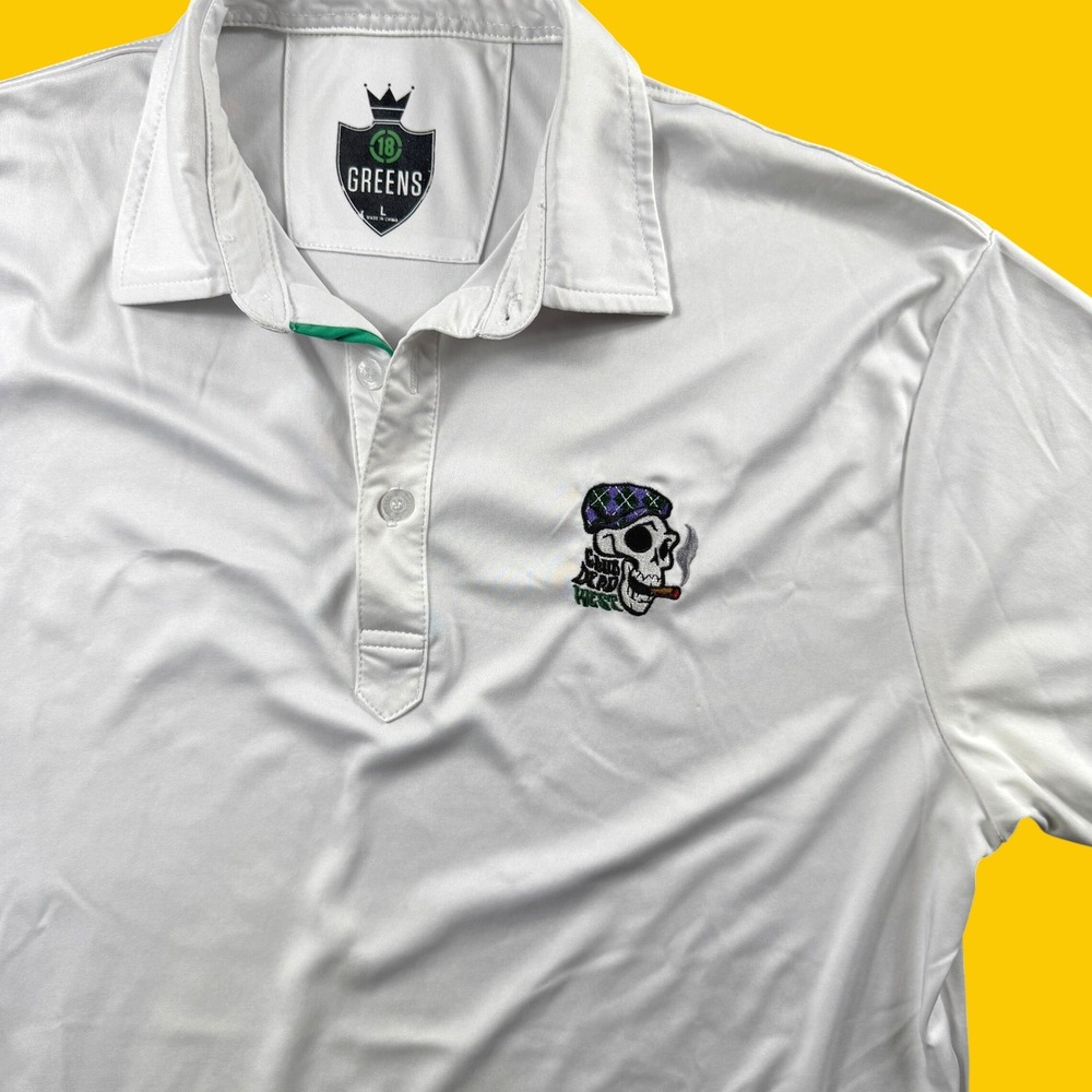 18 Greens Polo Shirt Men L White Club Dead West Skull Embroidered Golf Active